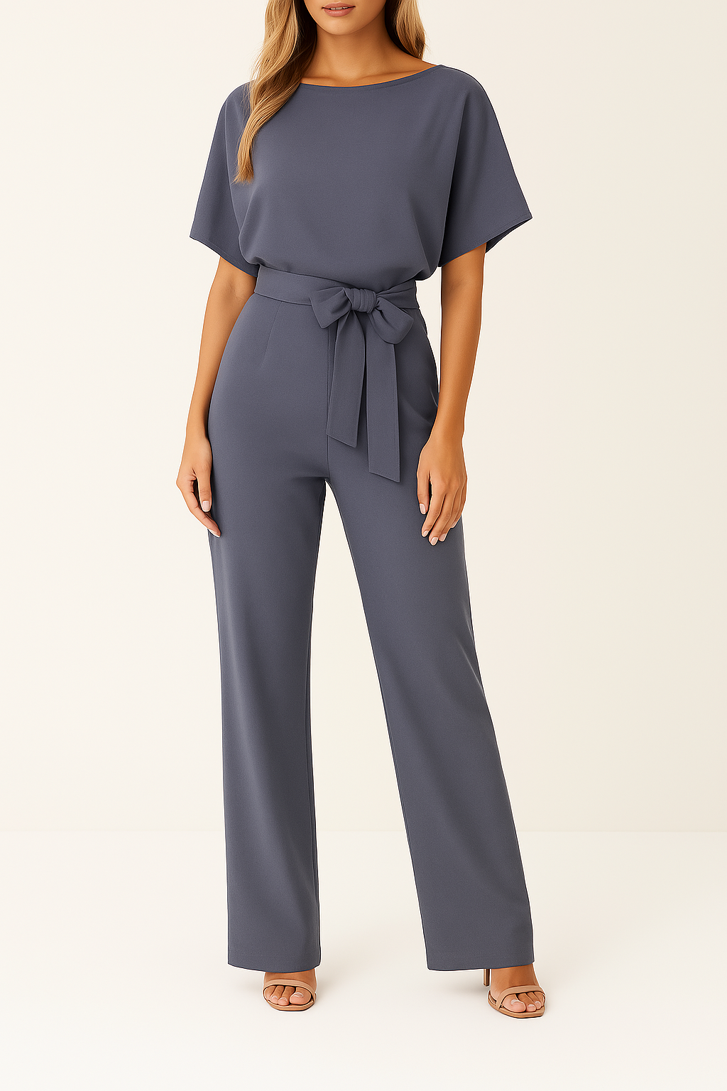 Combinaison femme élégante avec ceinture et jambes larges