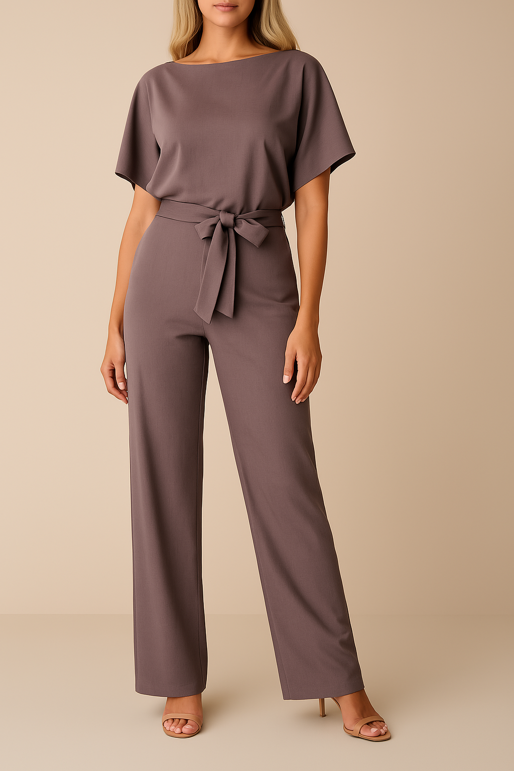 Combinaison femme élégante avec ceinture et jambes larges
