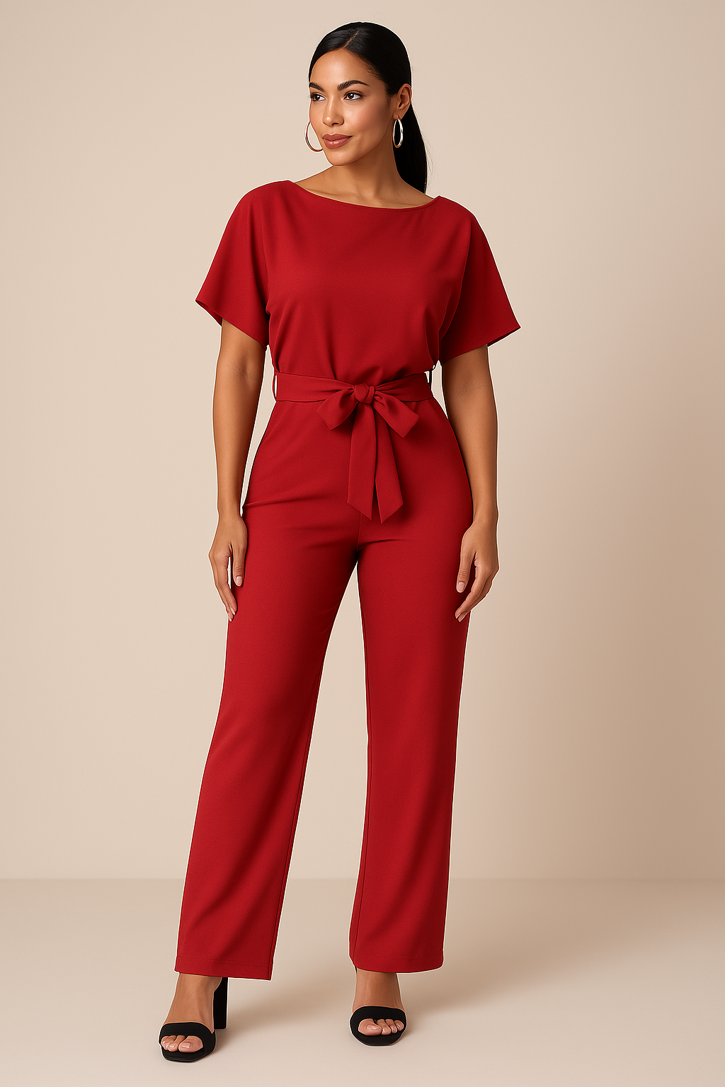 Combinaison femme élégante avec ceinture et jambes larges