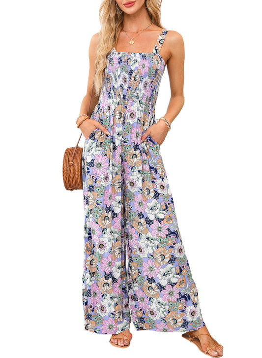 Combinaison pantalon pour femme à imprimé floral, buste froncé et jambes larges