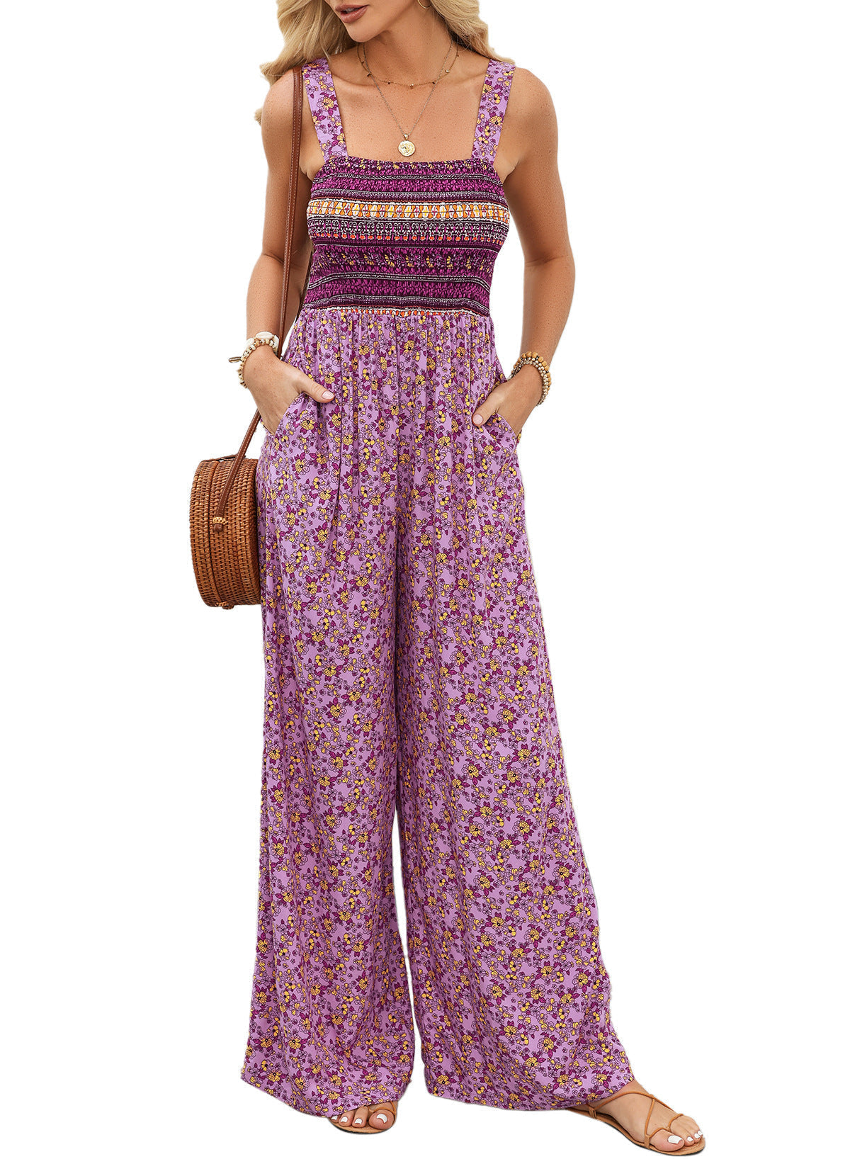 Combinaison pantalon pour femme à imprimé floral, buste froncé et jambes larges