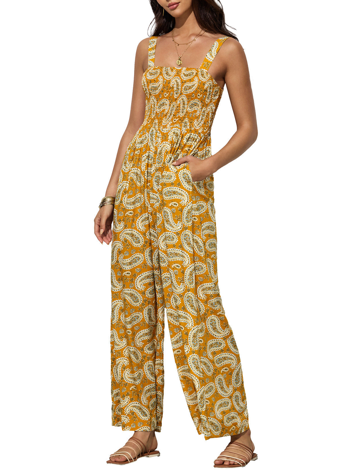 Combinaison pantalon pour femme à imprimé floral, buste froncé et jambes larges