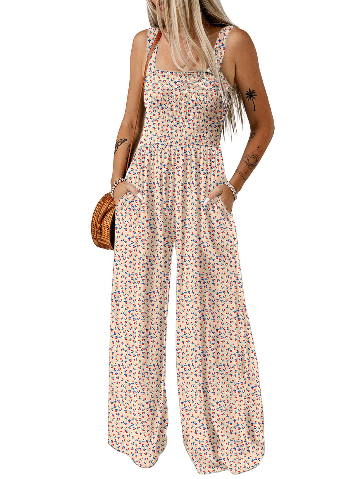 Combinaison pantalon pour femme à imprimé floral, buste froncé et jambes larges