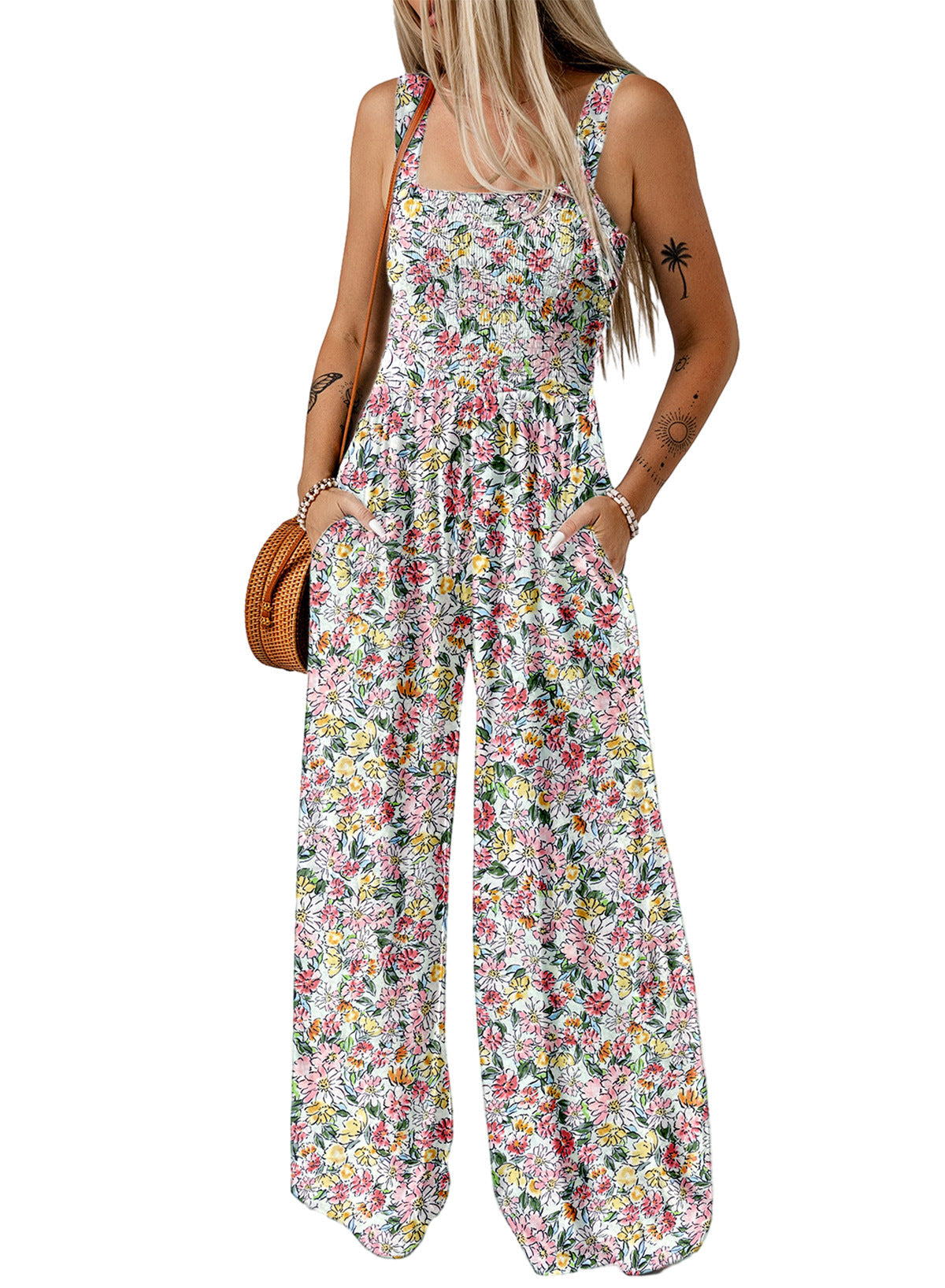Combinaison pantalon pour femme à imprimé floral, buste froncé et jambes larges