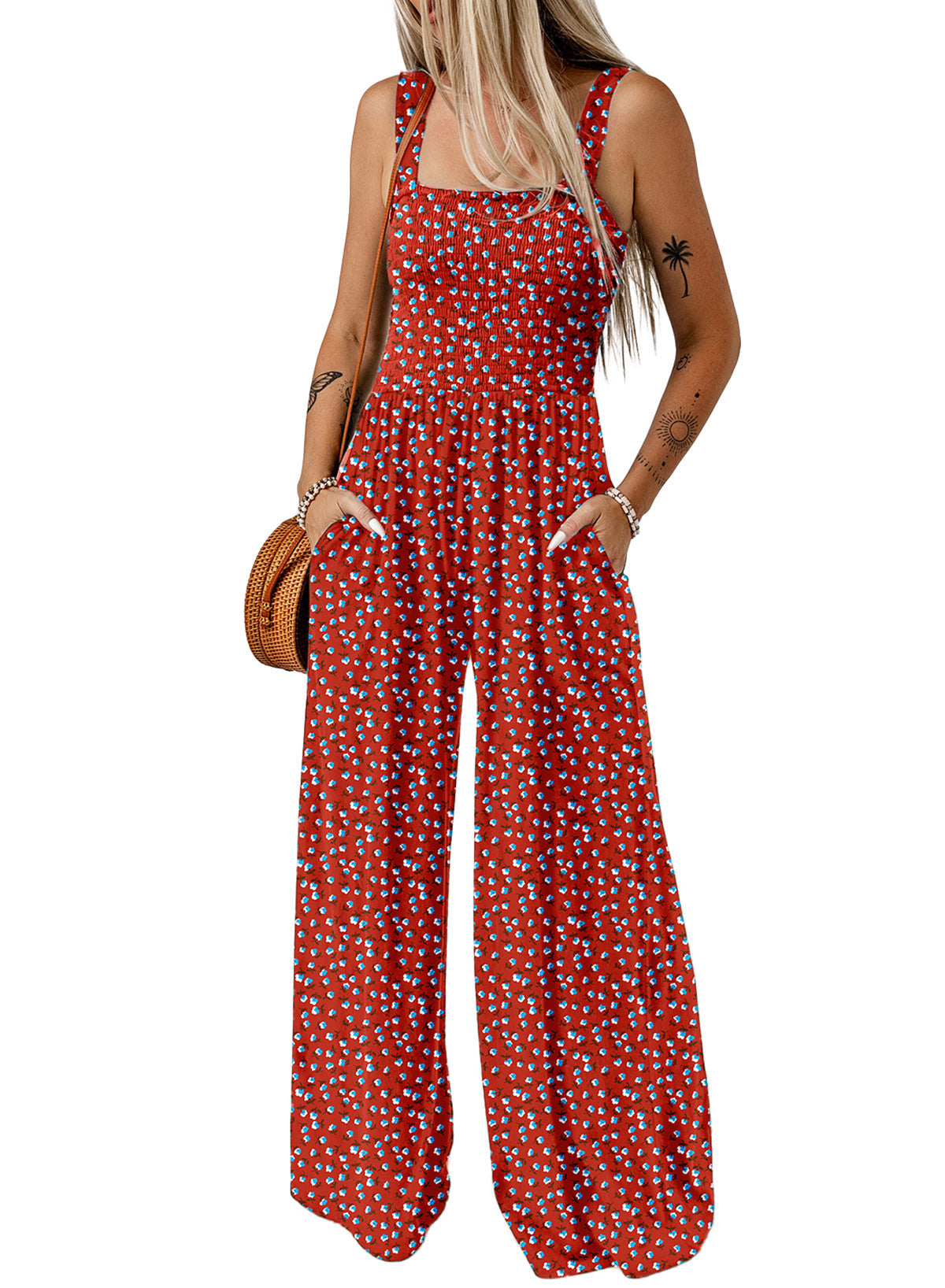Combinaison pantalon pour femme à imprimé floral, buste froncé et jambes larges