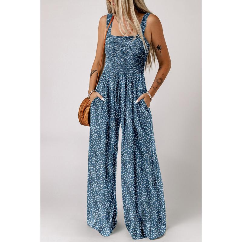 Combinaison pantalon pour femme à imprimé floral, buste froncé et jambes larges