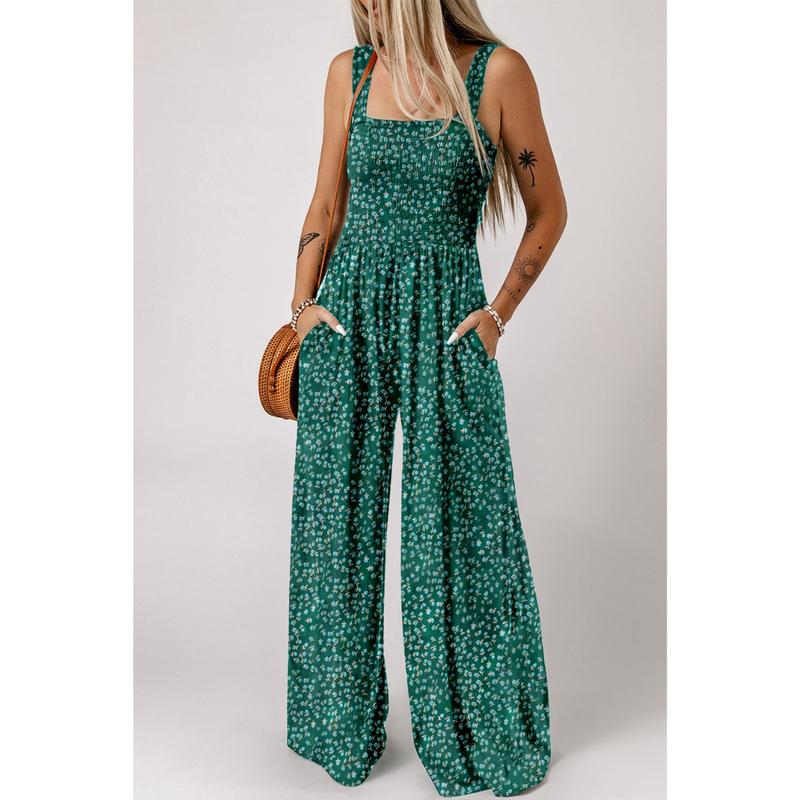 Combinaison pantalon pour femme à imprimé floral, buste froncé et jambes larges