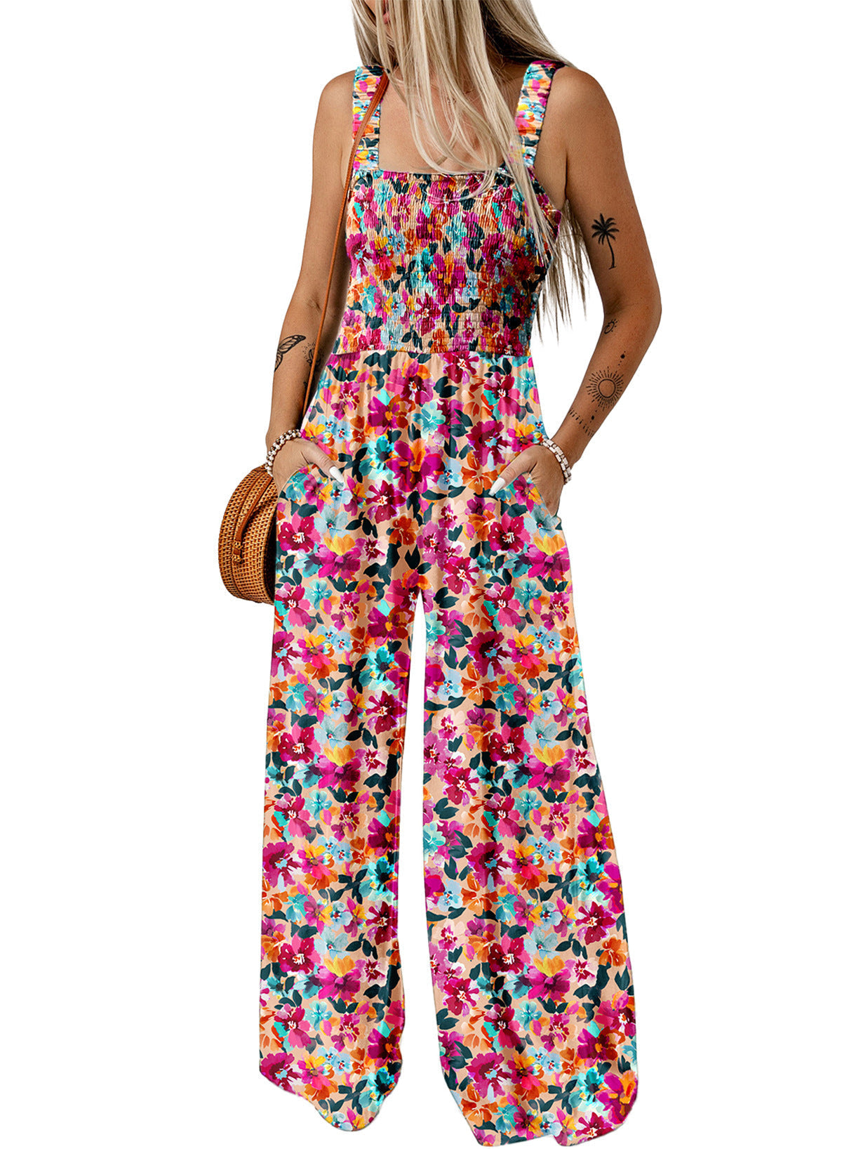 Combinaison pantalon pour femme à imprimé floral, buste froncé et jambes larges