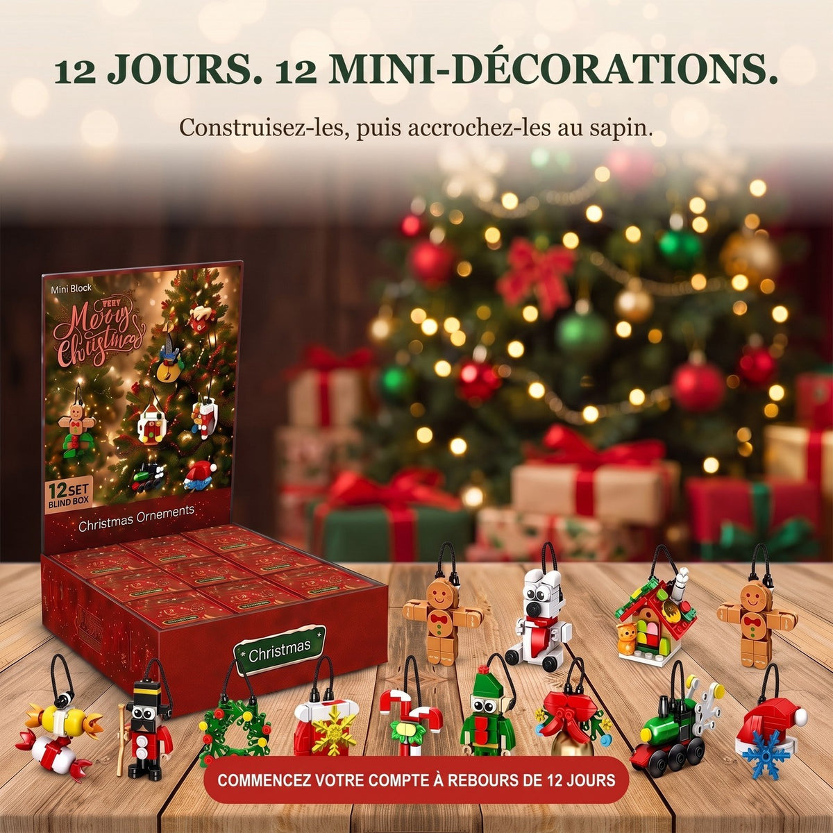 Compte à Rebours de Noël 12 Jours, Mini-Décorations en Briques à Construire