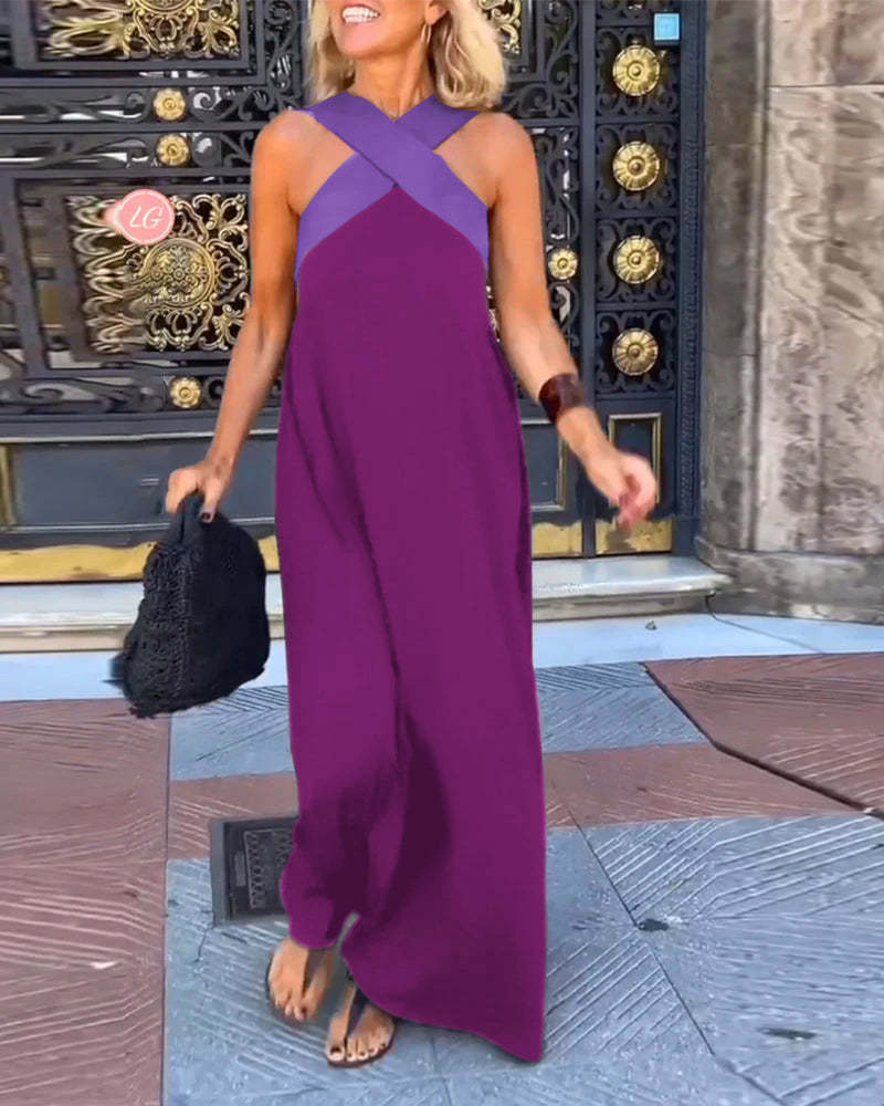 Cross Halter Neck Sleeveless Stitching Dress