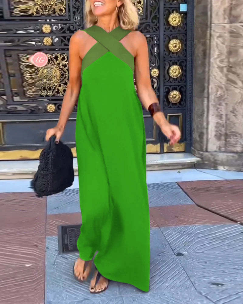 Cross Halter Neck Sleeveless Stitching Dress