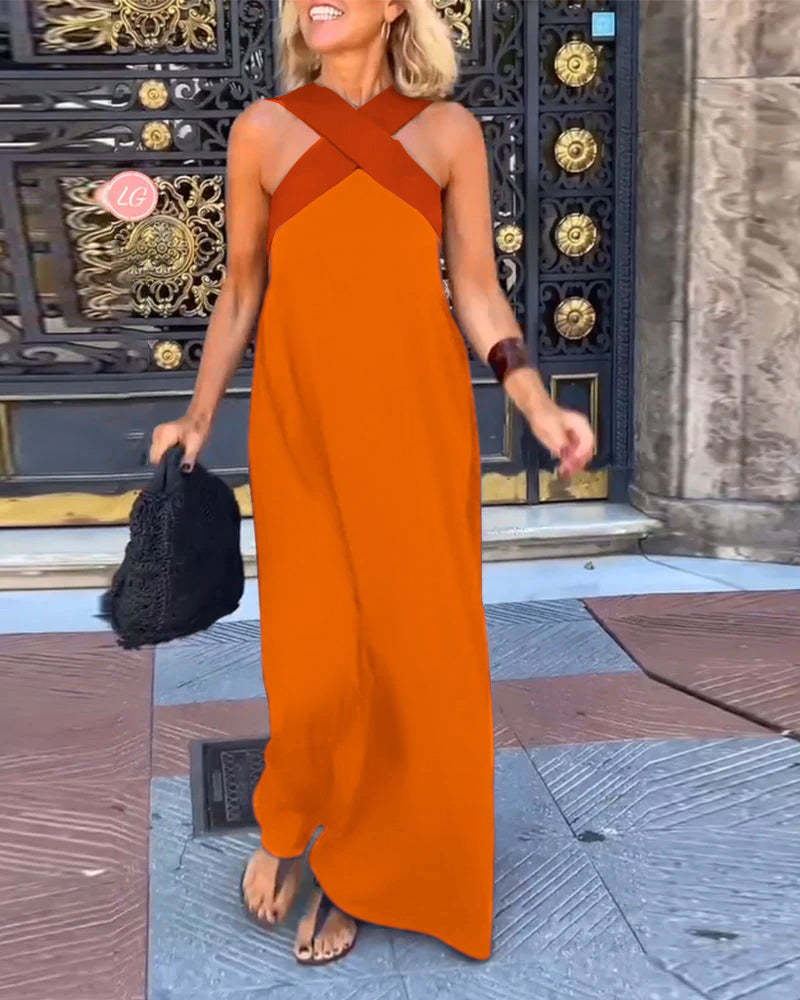 Cross Halter Neck Sleeveless Stitching Dress