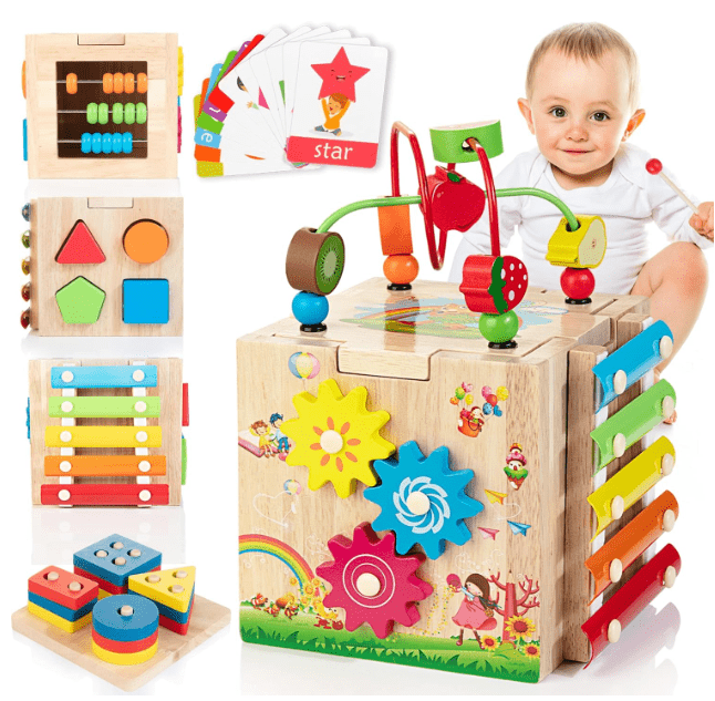 Cube d'activités éducatif 8-en-1 en bois Montessori pour enfant avec jeux éducatifs