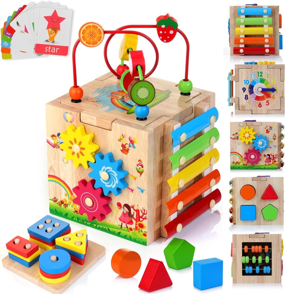 Cube d'activités éducatif 8-en-1 en bois Montessori pour enfant avec jeux éducatifs