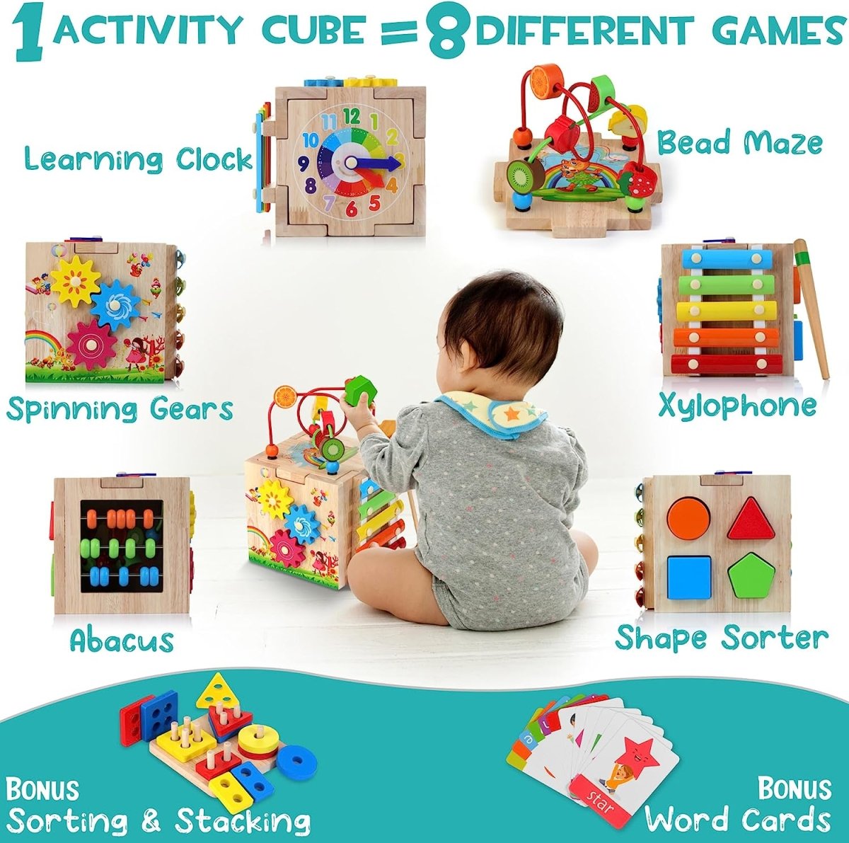 Cube d'activités éducatif 8-en-1 en bois Montessori pour enfant avec jeux éducatifs