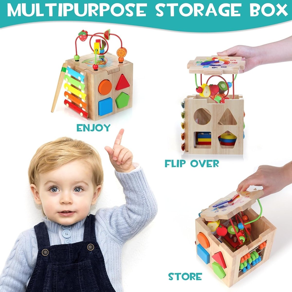 Cube d'activités éducatif 8-en-1 en bois Montessori pour enfant avec jeux éducatifs
