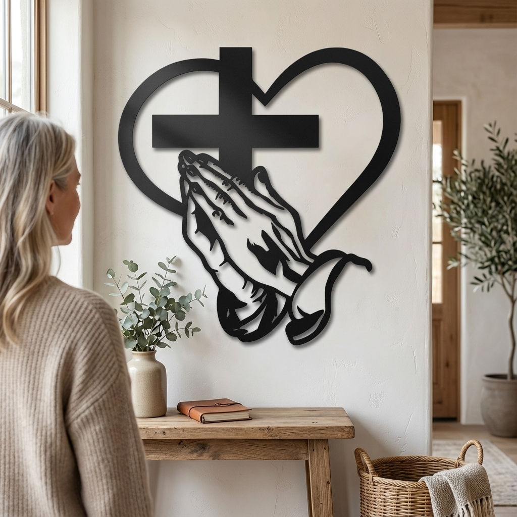 Décoration murale chrétienne en métal avec cœur et croix