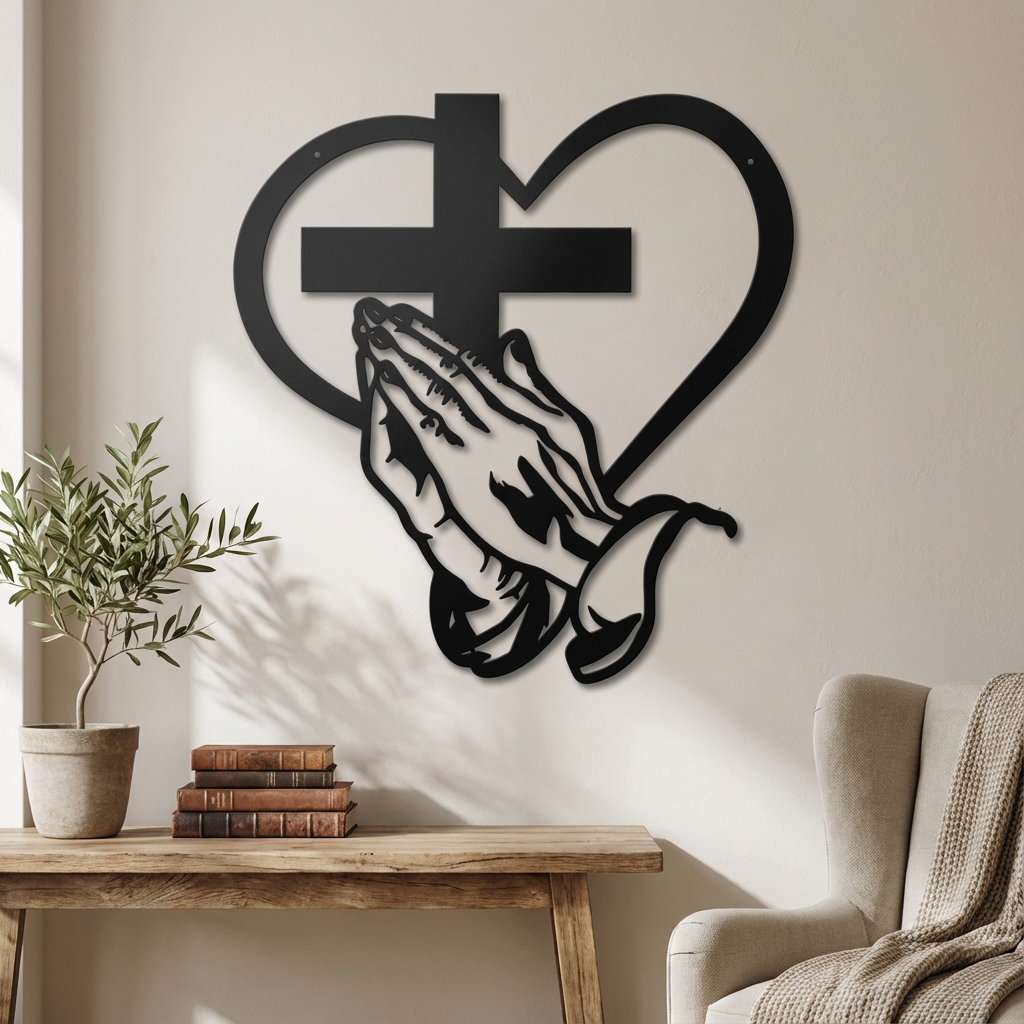 Décoration murale chrétienne en métal avec cœur et croix