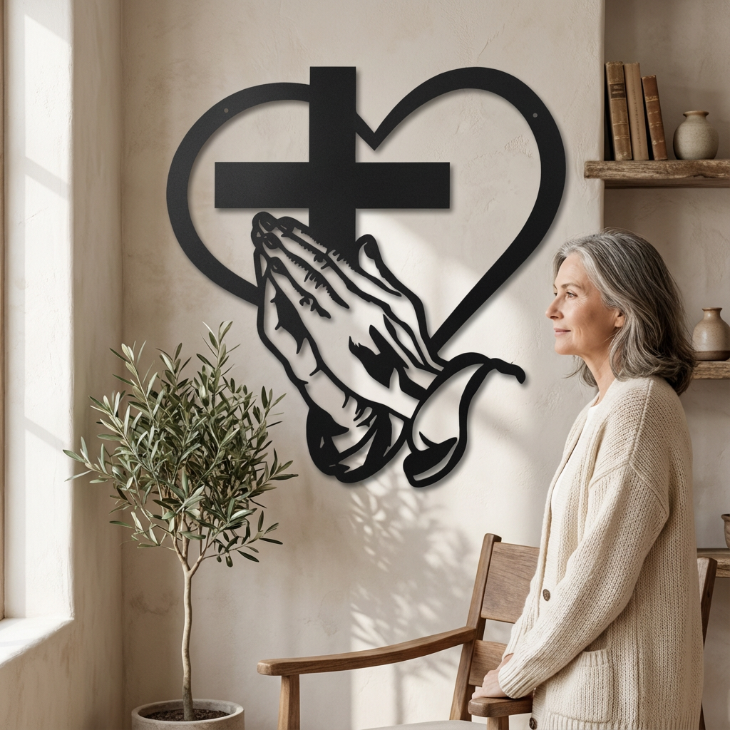 Décoration murale chrétienne en métal avec cœur et croix