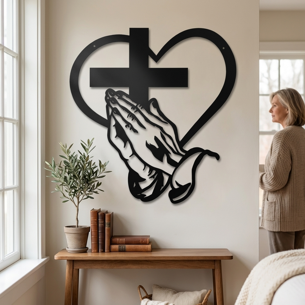 Décoration murale chrétienne en métal avec cœur et croix