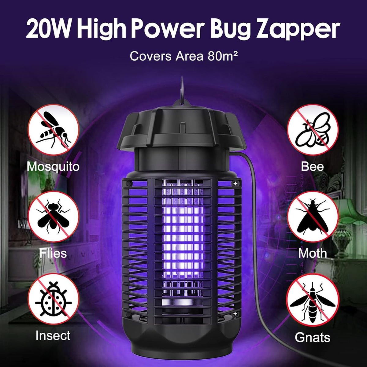 Destructeur d'insectes électrique avec lumière UV 20W et grille haute tension 4200V, étanche IPX4