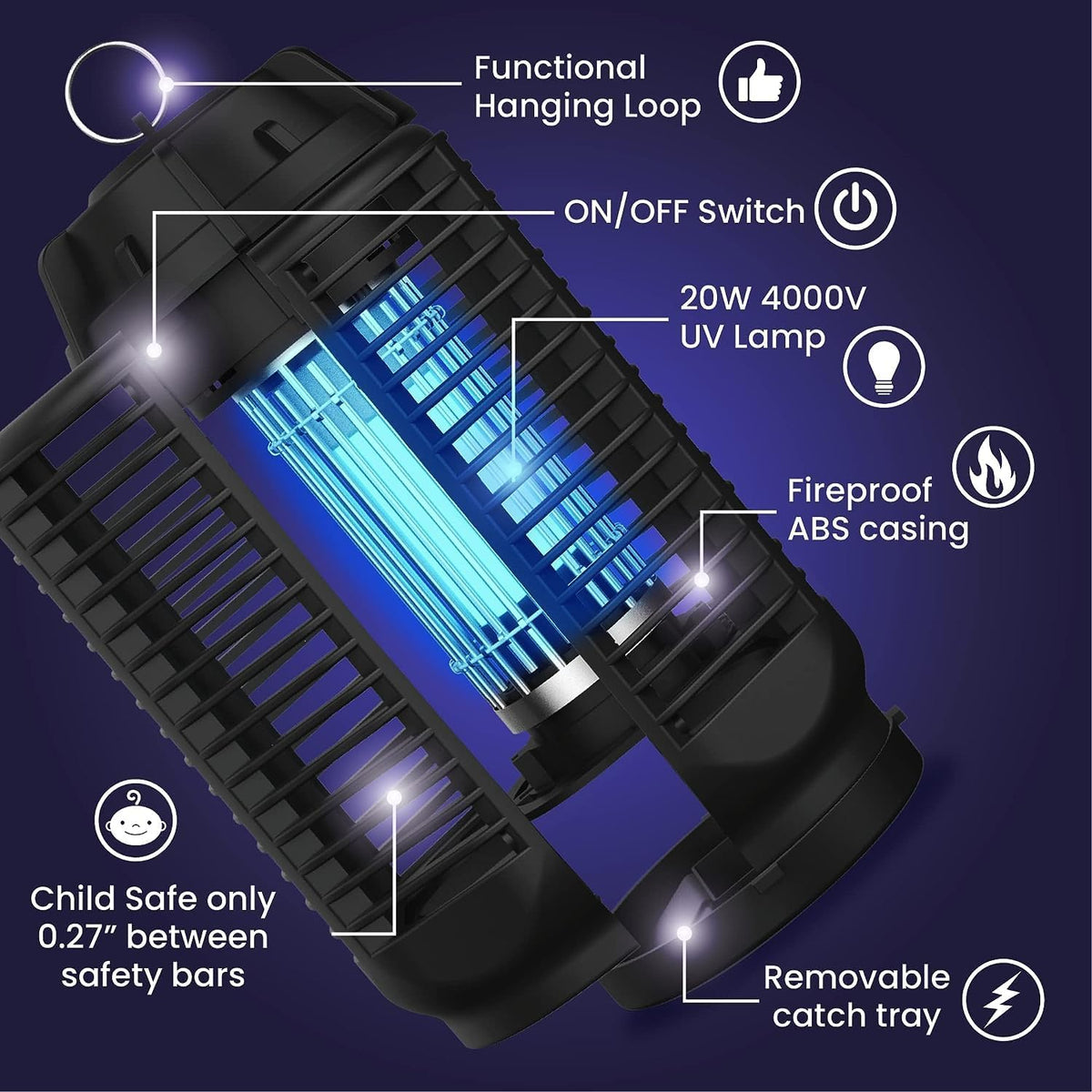 Destructeur d'insectes électrique avec lumière UV 20W et grille haute tension 4200V, étanche IPX4