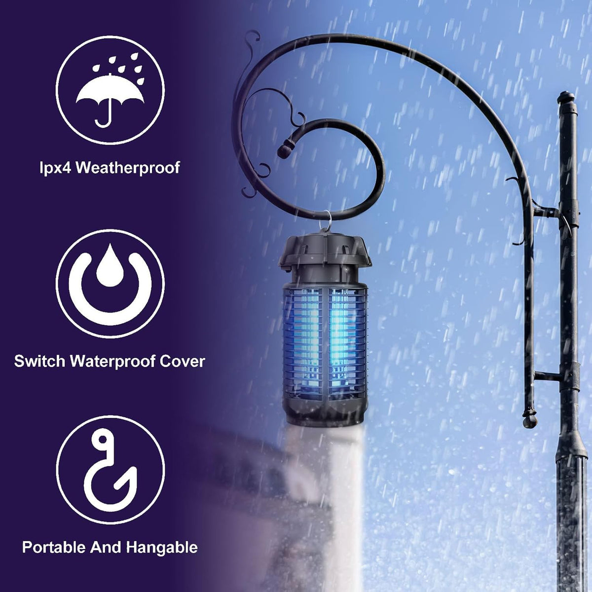 Destructeur d'insectes électrique avec lumière UV 20W et grille haute tension 4200V, étanche IPX4