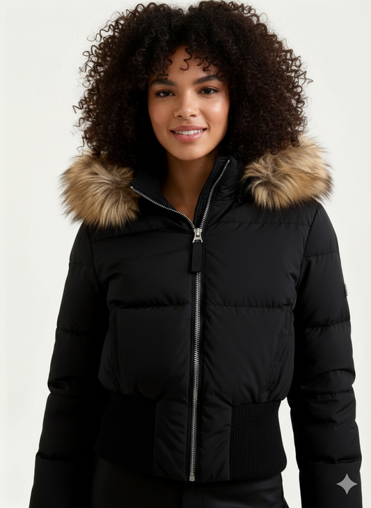 Doudoune courte matelassée d'hiver pour femme avec capuche en fourrure synthétique – Manteau chaud avec finition en bord-côte, fermeture éclair intégrale et doublure