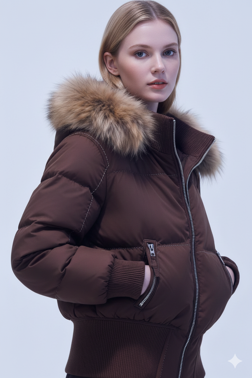 Doudoune courte matelassée d'hiver pour femme avec capuche en fourrure synthétique – Manteau chaud avec finition en bord-côte, fermeture éclair intégrale et doublure