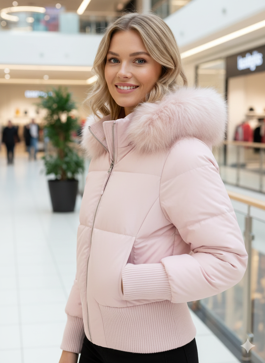 Doudoune courte matelassée d'hiver pour femme avec capuche en fourrure synthétique – Manteau chaud avec finition en bord-côte, fermeture éclair intégrale et doublure
