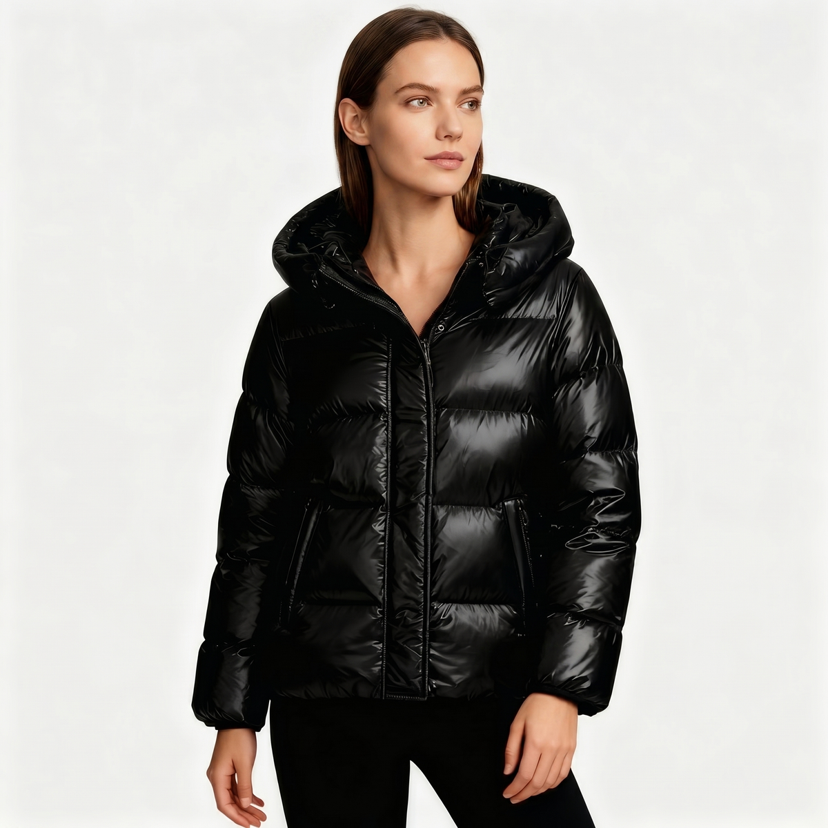 Doudoune matelassée brillante pour femme | Manteau court à capuche | Coupe oversized