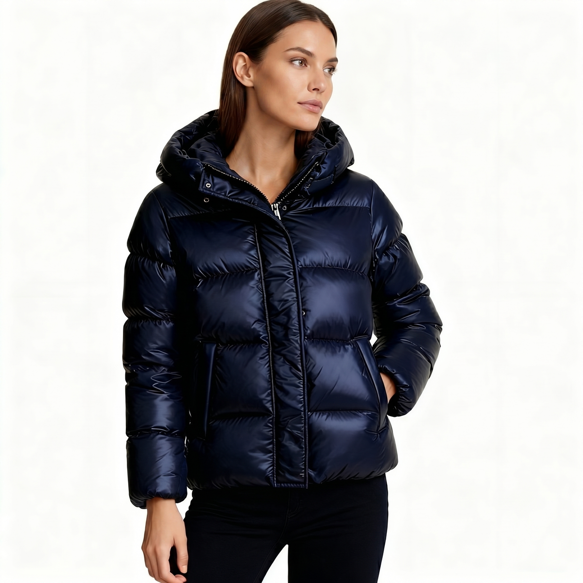 Doudoune matelassée brillante pour femme | Manteau court à capuche | Coupe oversized