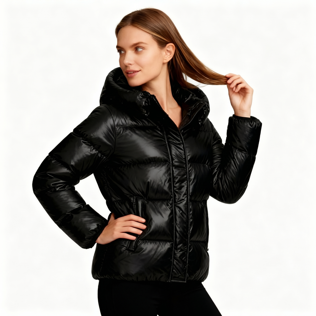Doudoune matelassée brillante pour femme | Manteau court à capuche | Coupe oversized