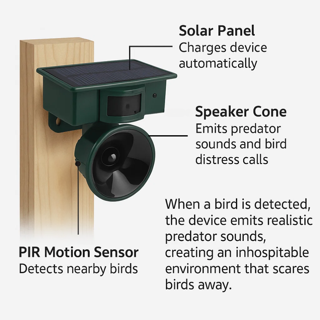Effaroucheur d'oiseaux solaire avec détecteur de mouvement et alarme sonore