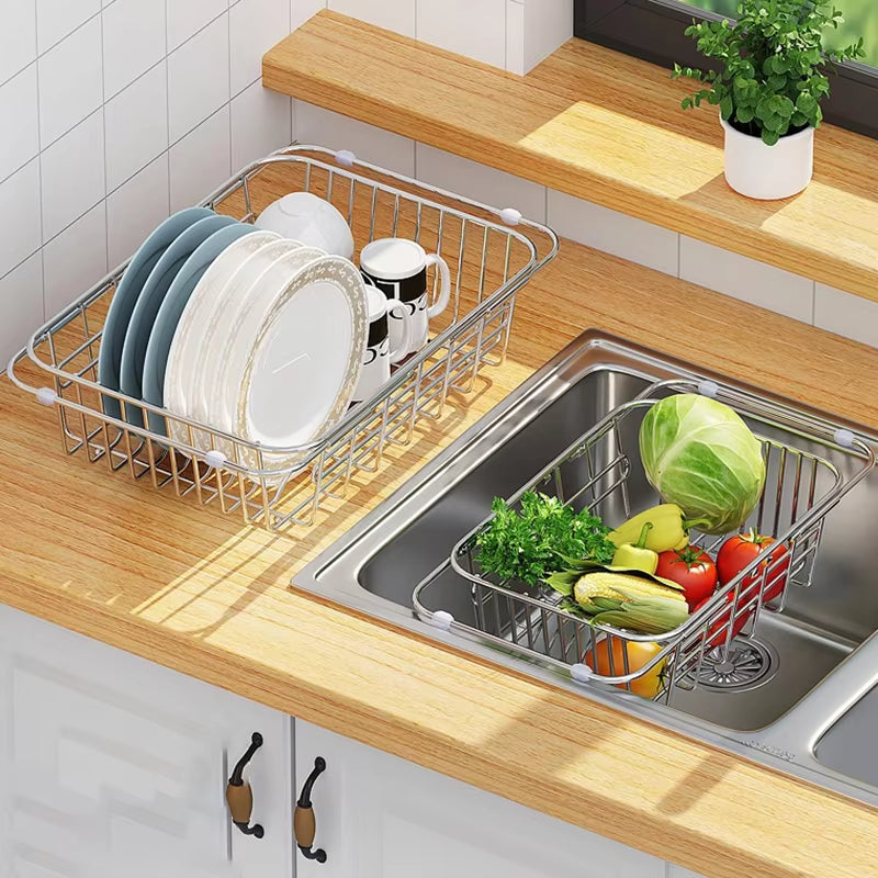 Égouttoir téléscopique réglable pour évier de cuisine en acier inoxydable, organiseur, 34 à 55 cm