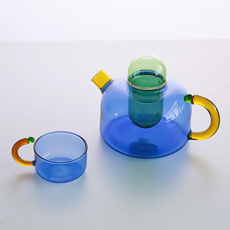 Elegant Borosilicate Tea Set with Unique Design and Vibrant Colors – Dishwasher Safe, 80 ml Mug, 400 ml Teapot