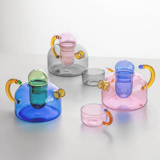 Elegant Borosilicate Tea Set with Unique Design and Vibrant Colors – Dishwasher Safe, 80 ml Mug, 400 ml Teapot