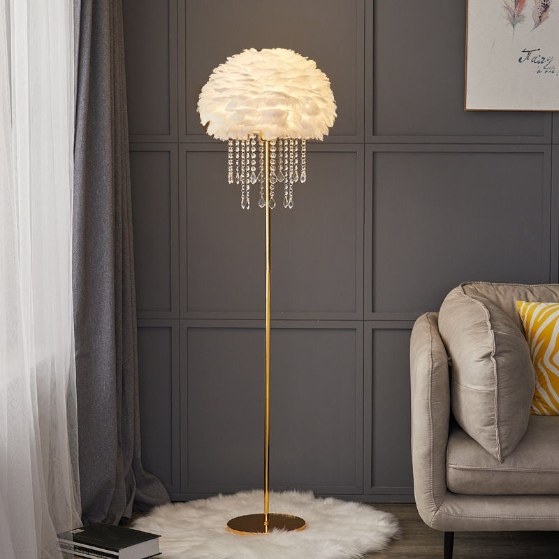 Elegant Nordic Floor Lamp with Feather and Crystal Shade