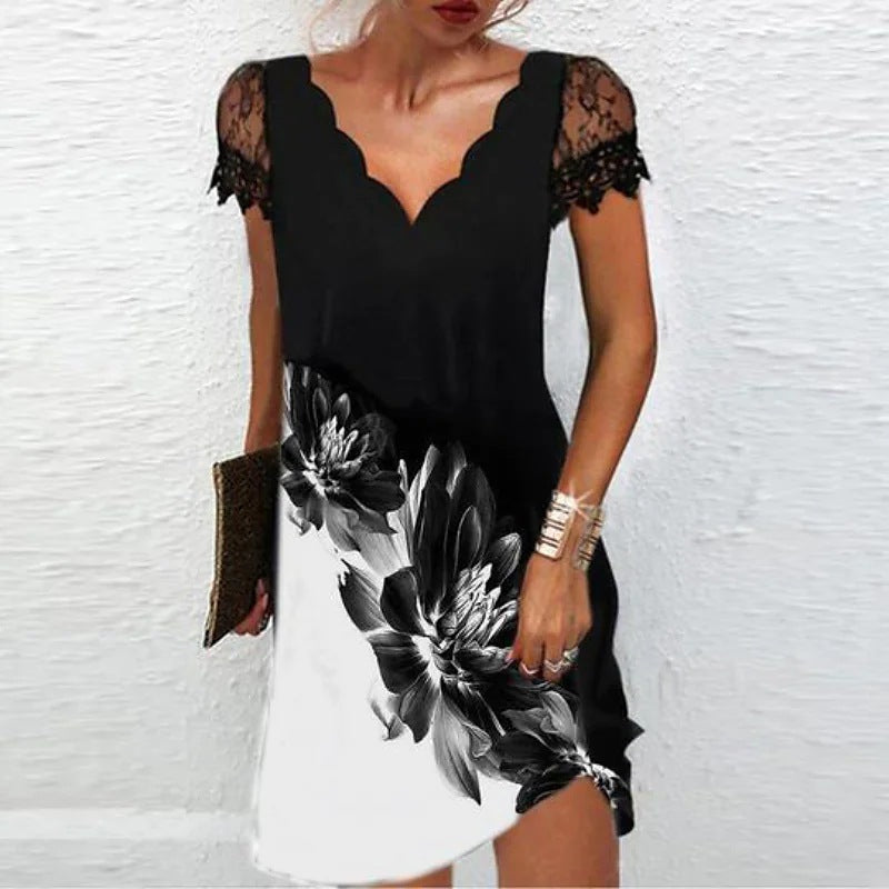 Élégante robe shift courte femme à manches courtes et encolure V