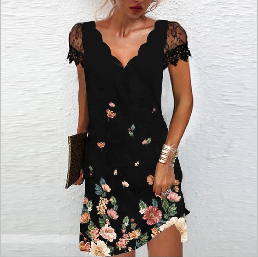 Élégante robe shift courte femme à manches courtes et encolure V
