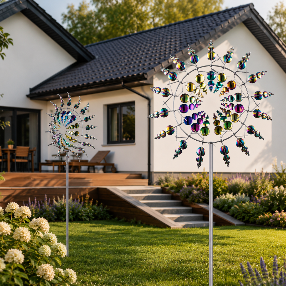Élément de décoration de jardin cinétique — métal, double couche, actionné par le vent