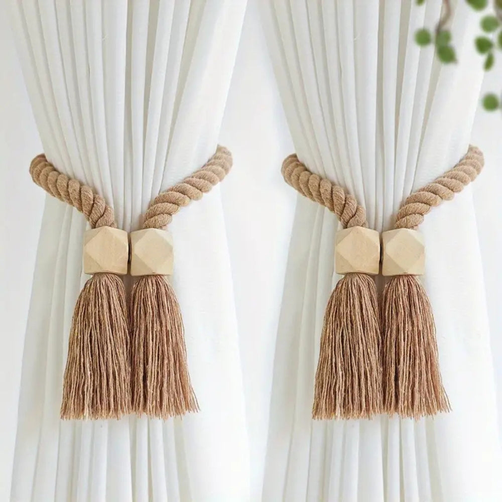 Embrasses à rideaux avec perles en bois et pompons | Lot de 2