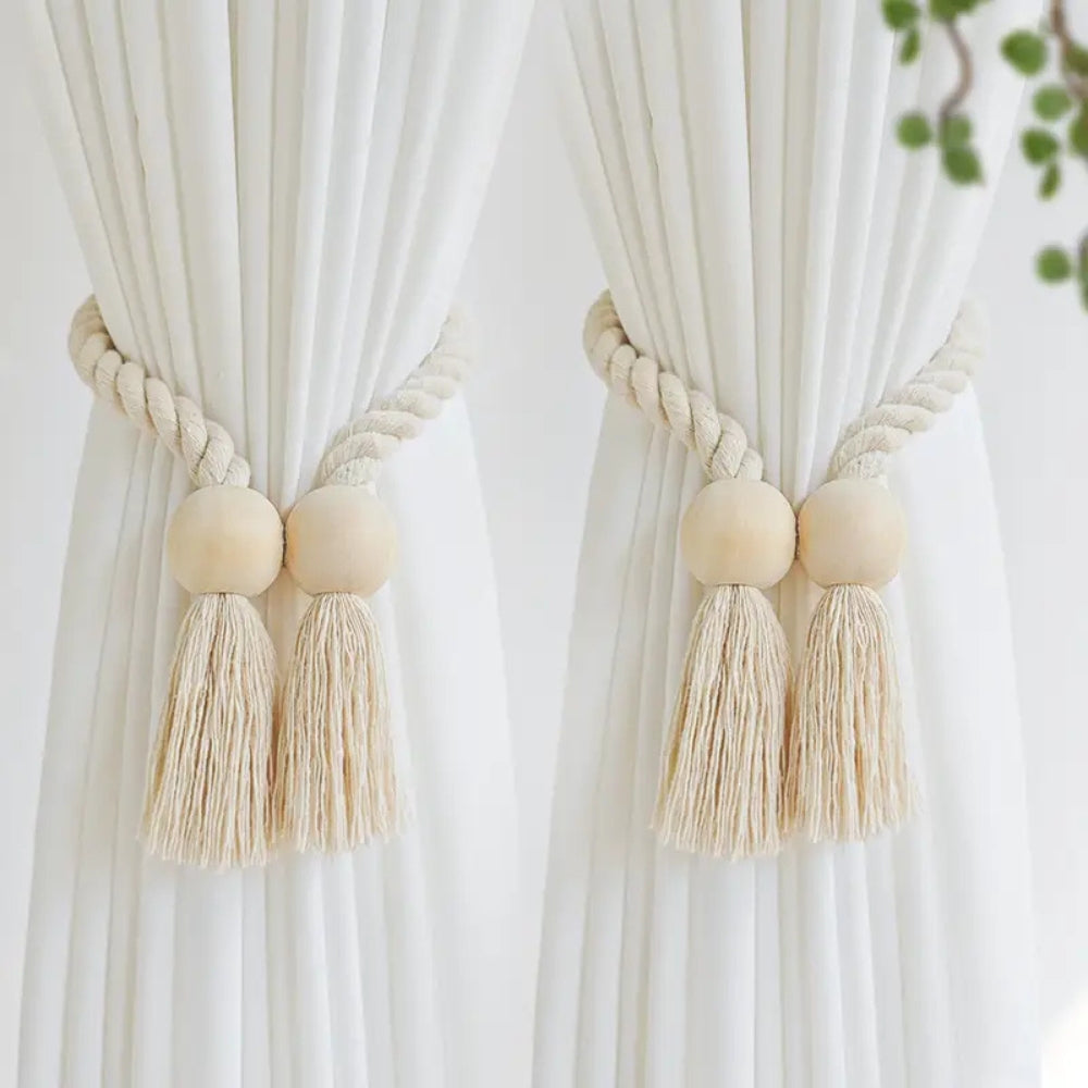 Embrasses à rideaux avec perles en bois et pompons | Lot de 2