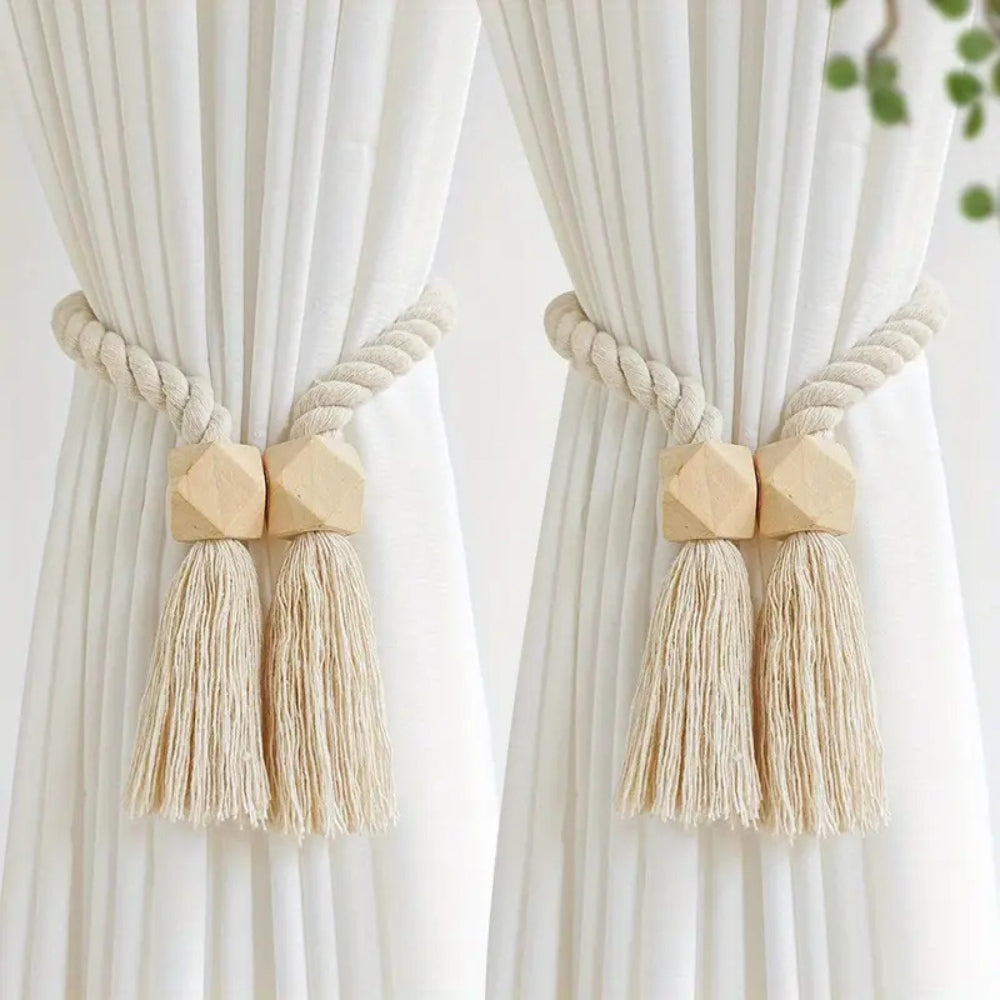 Embrasses à rideaux avec perles en bois et pompons | Lot de 2