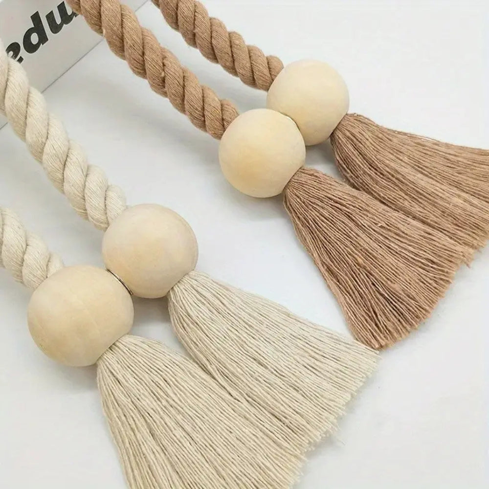 Embrasses à rideaux avec perles en bois et pompons | Lot de 2