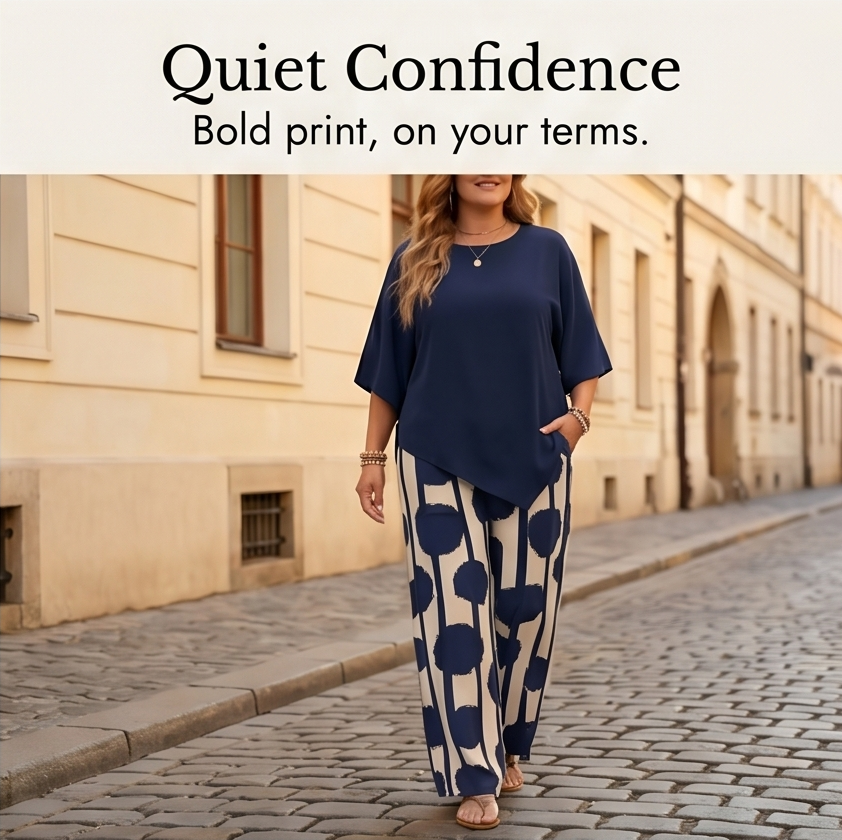 Ensemble 2 pièces avec haut drapé asymétrique et pantalon imprimé large