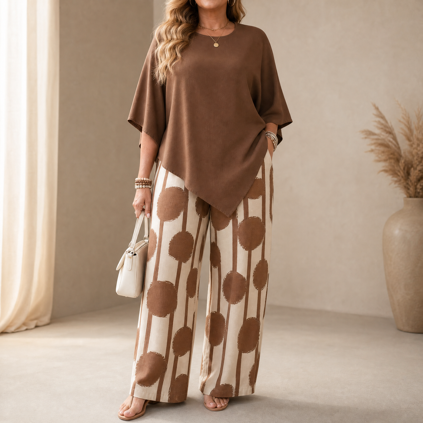 Ensemble 2 pièces avec haut drapé asymétrique et pantalon imprimé large