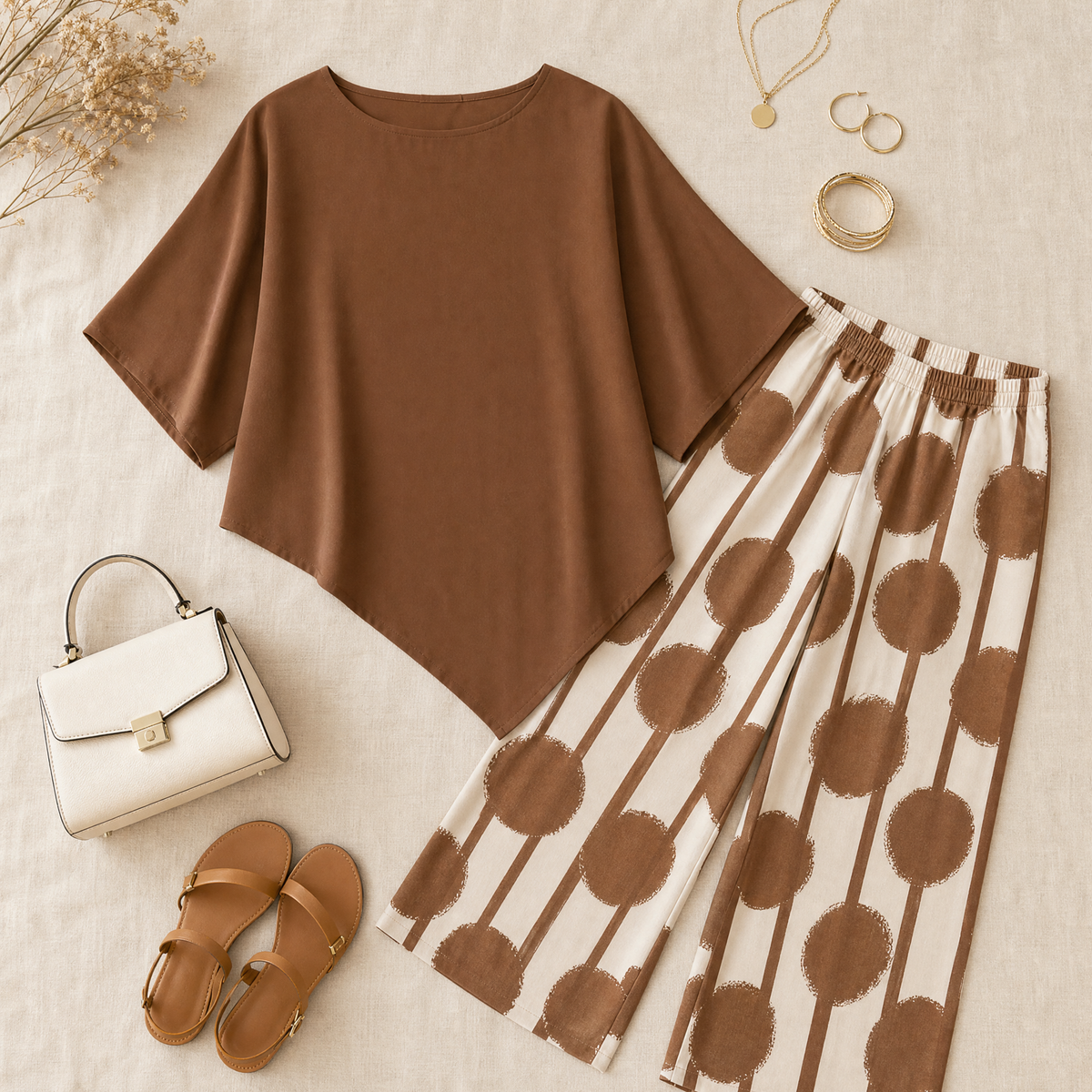 Ensemble 2 pièces avec haut drapé asymétrique et pantalon imprimé large