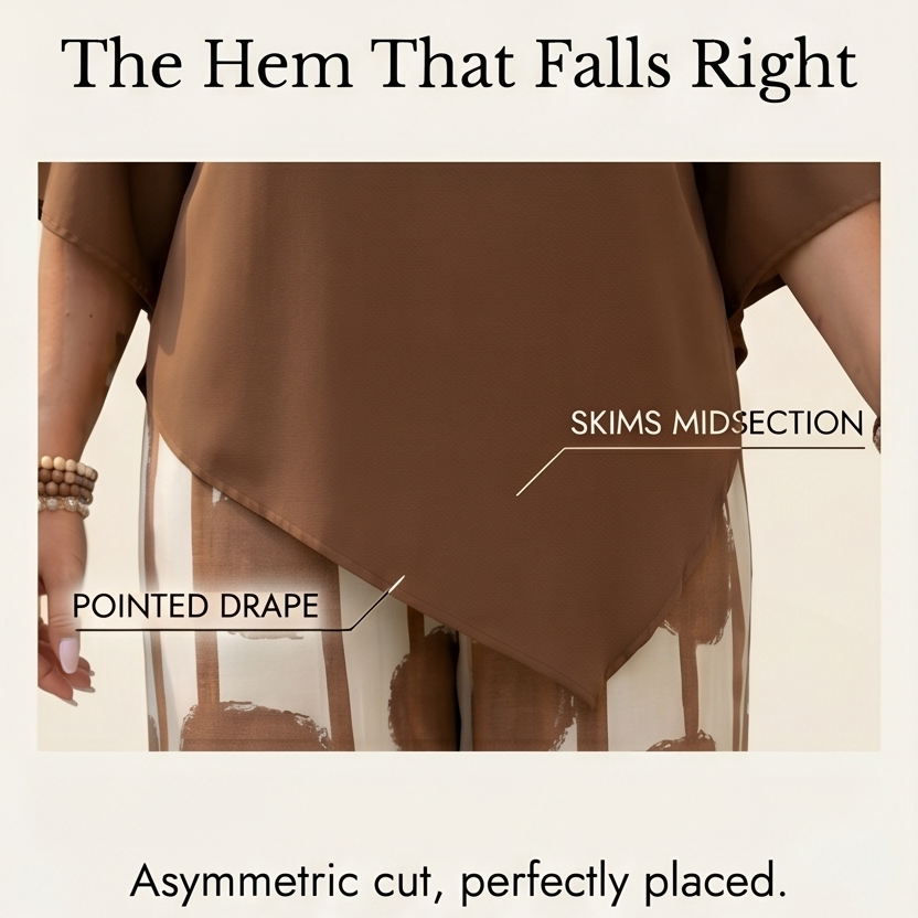 Ensemble 2 pièces avec haut drapé asymétrique et pantalon imprimé large