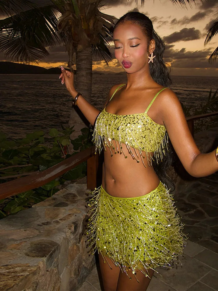 Ensemble bikini à sequins et franges